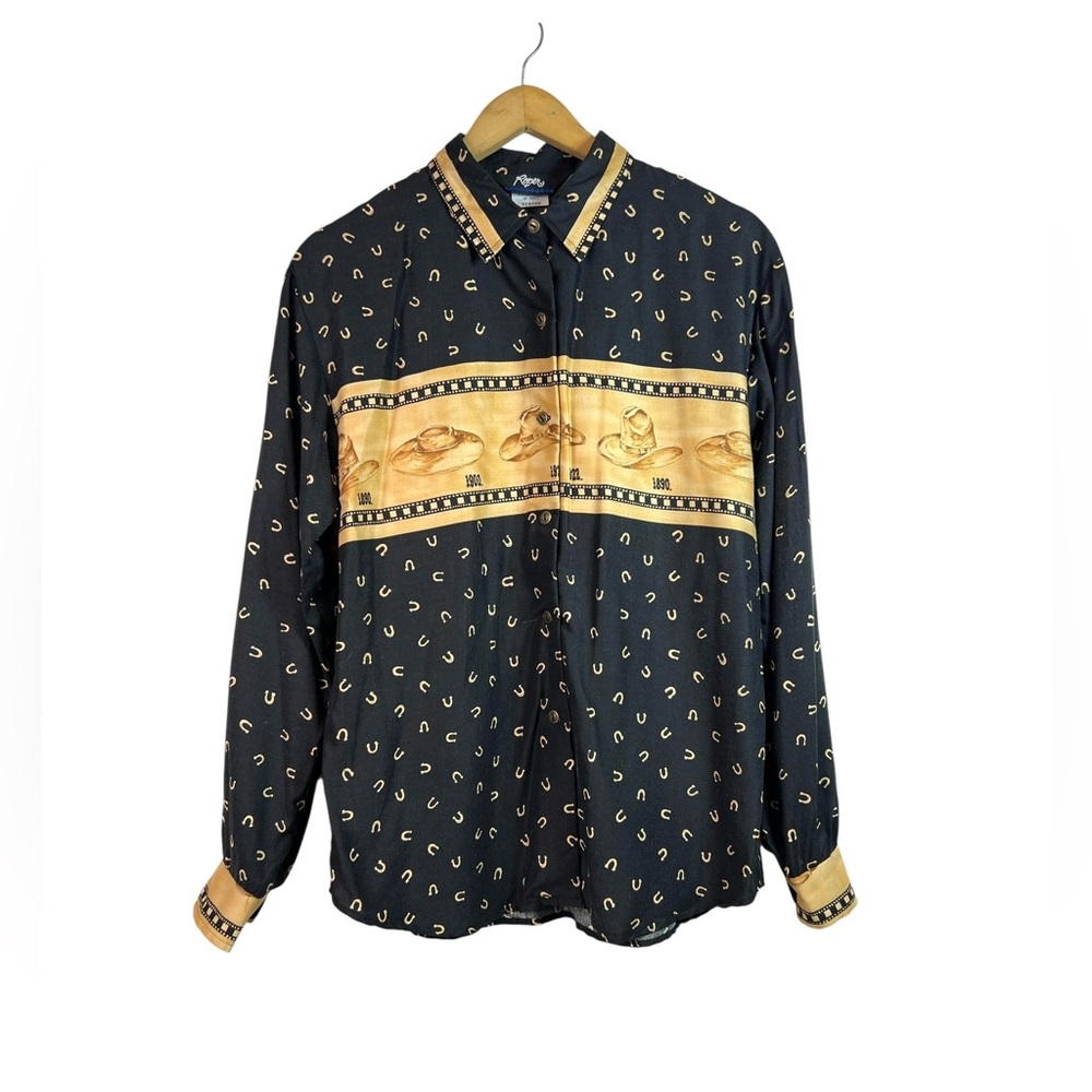Roper Mens Black Gold Cowboy Western Button Down Shirt Size M Made in USA